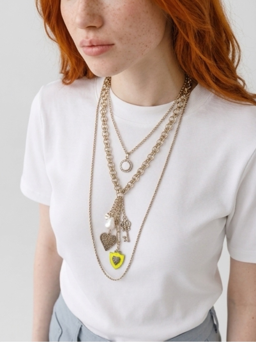 Free People Layered Chain Necklace Multi Strand Charm Heart Key Gold-Tone